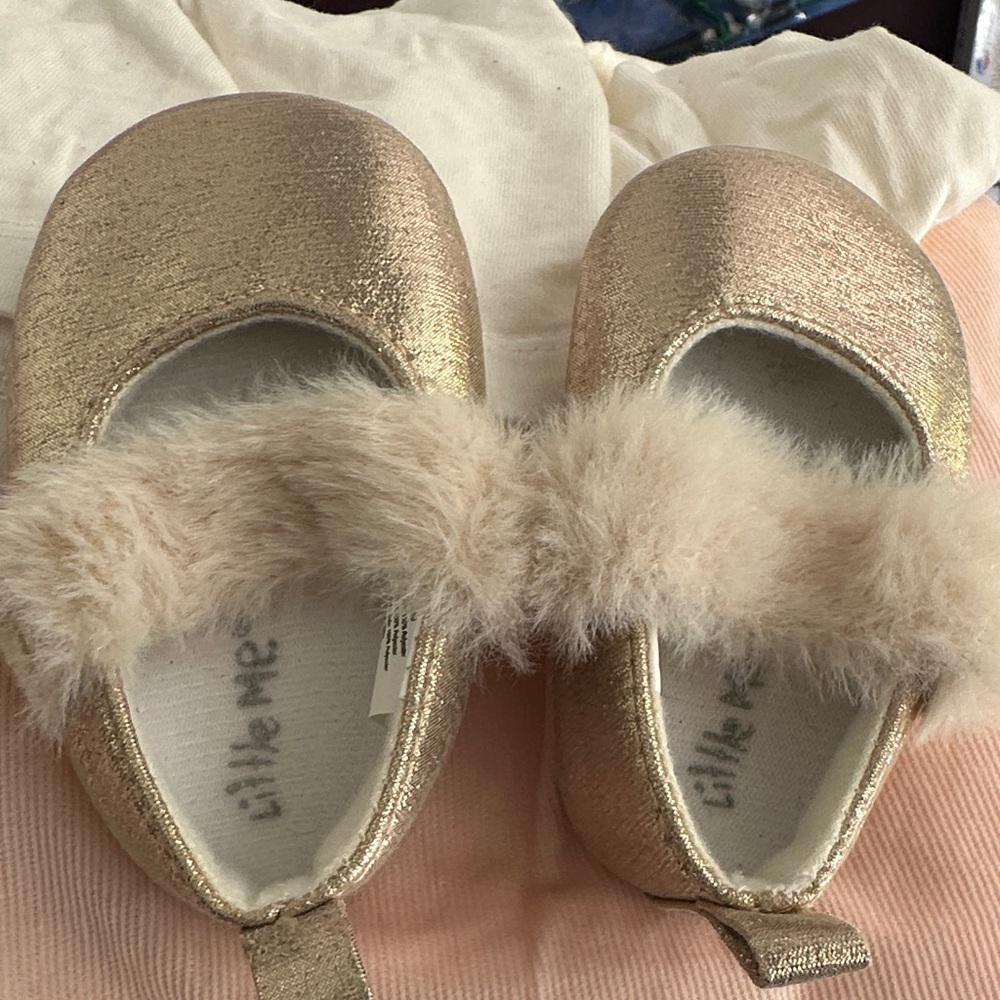 Little Me Shimmering Gold Dress Shoes with Plush Strap